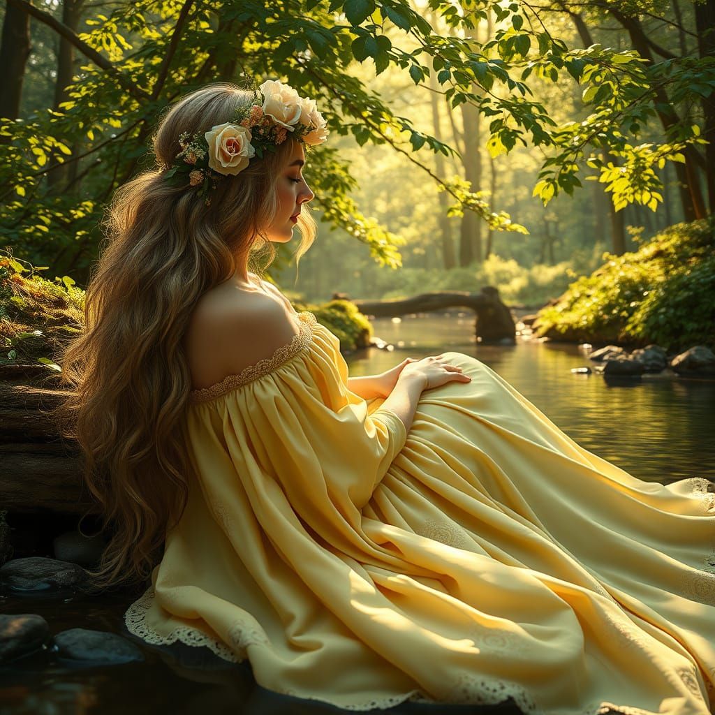 A stunning woman with flowing golden hair and a floral crown...