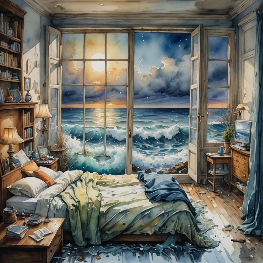 Surreal Bedroom Melts into Sea: Watercolor Painting