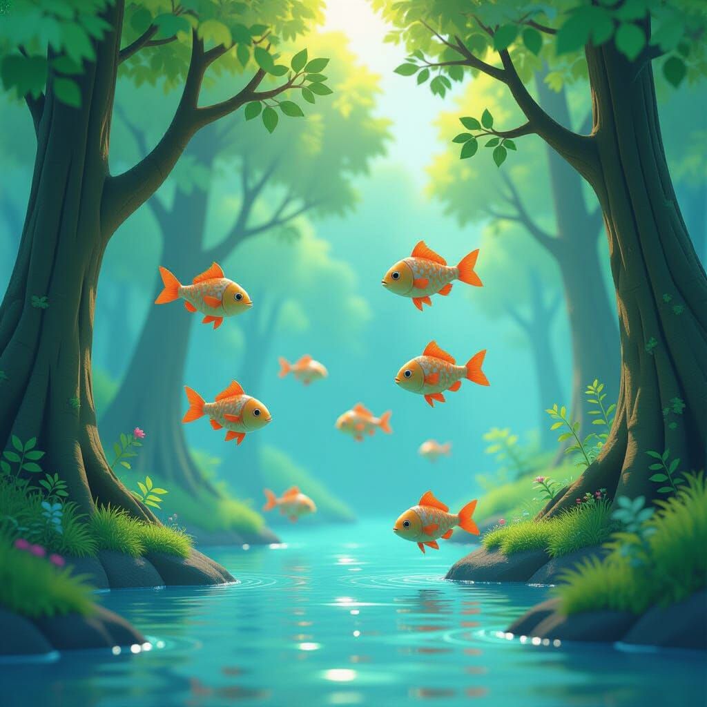 Surreal Forest With Fish Swimming Between Trees