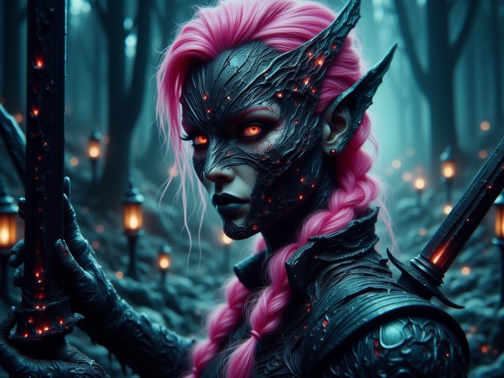 Ethereal Gothic Warrior in Dark Teal Armor with Neon Pink Ha...