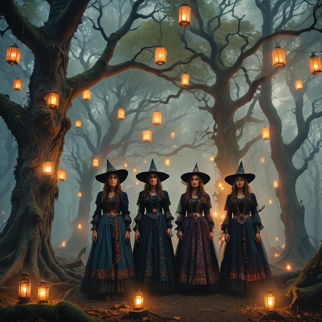 Mystical Gypsy Witches in Enchanted Forest Clearing