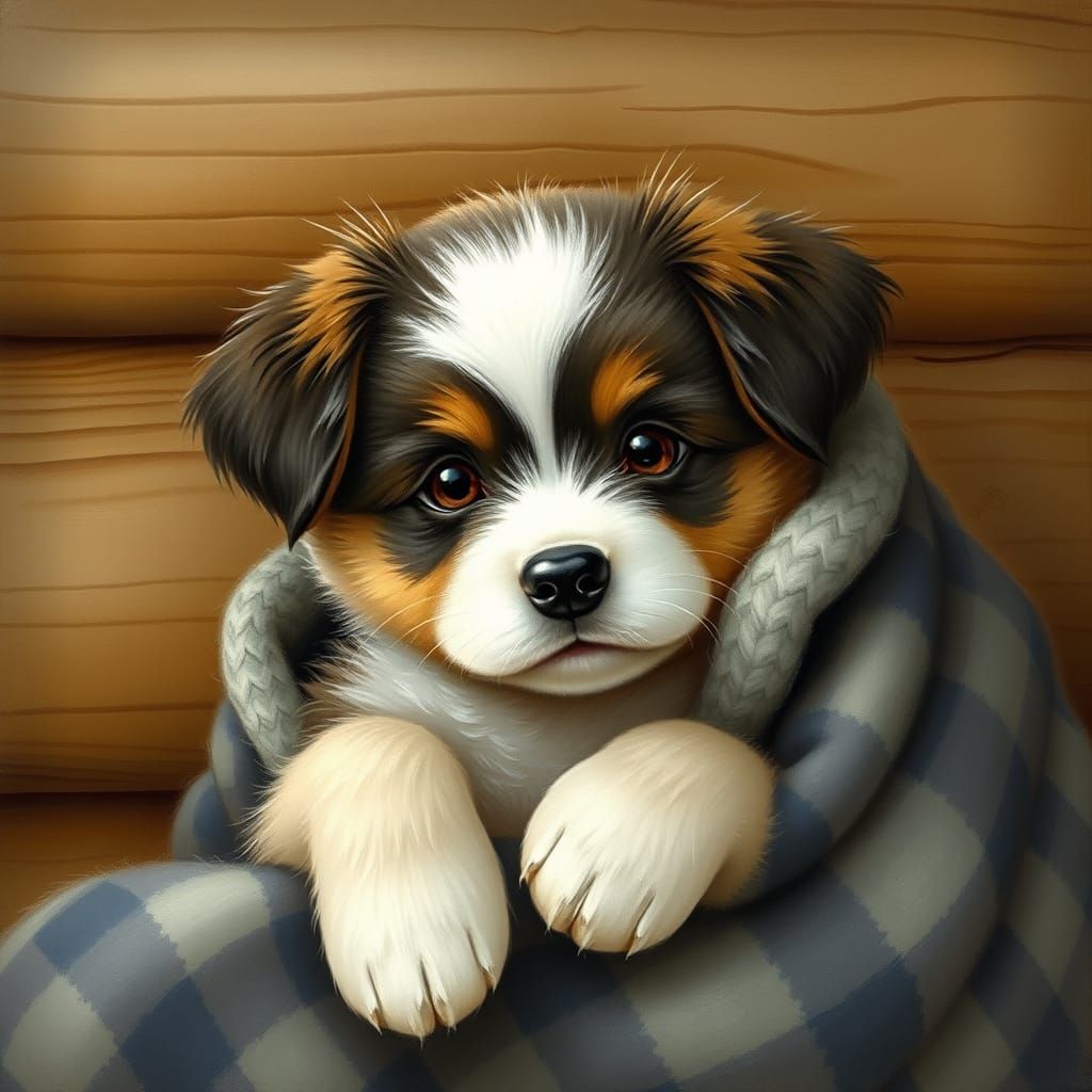 Shivering Puppy in Cozy Cabin, Whimsical Art