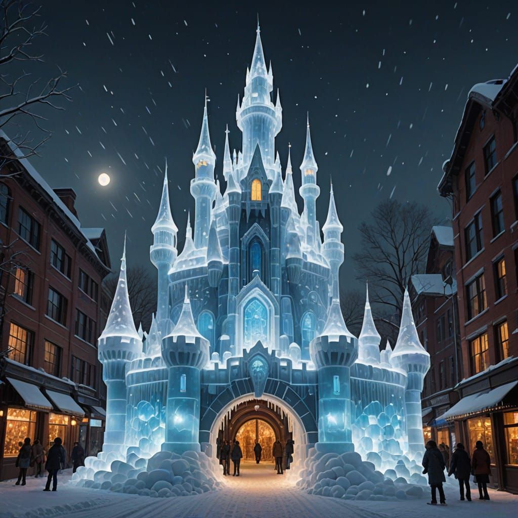Majestic Steampunk Ice Castle in Whimsical Winter Wonderland