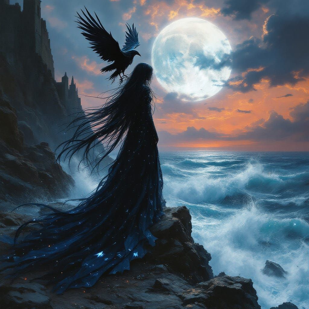 Witch on Cliff Overlooking Stormy Sea in Moonlight