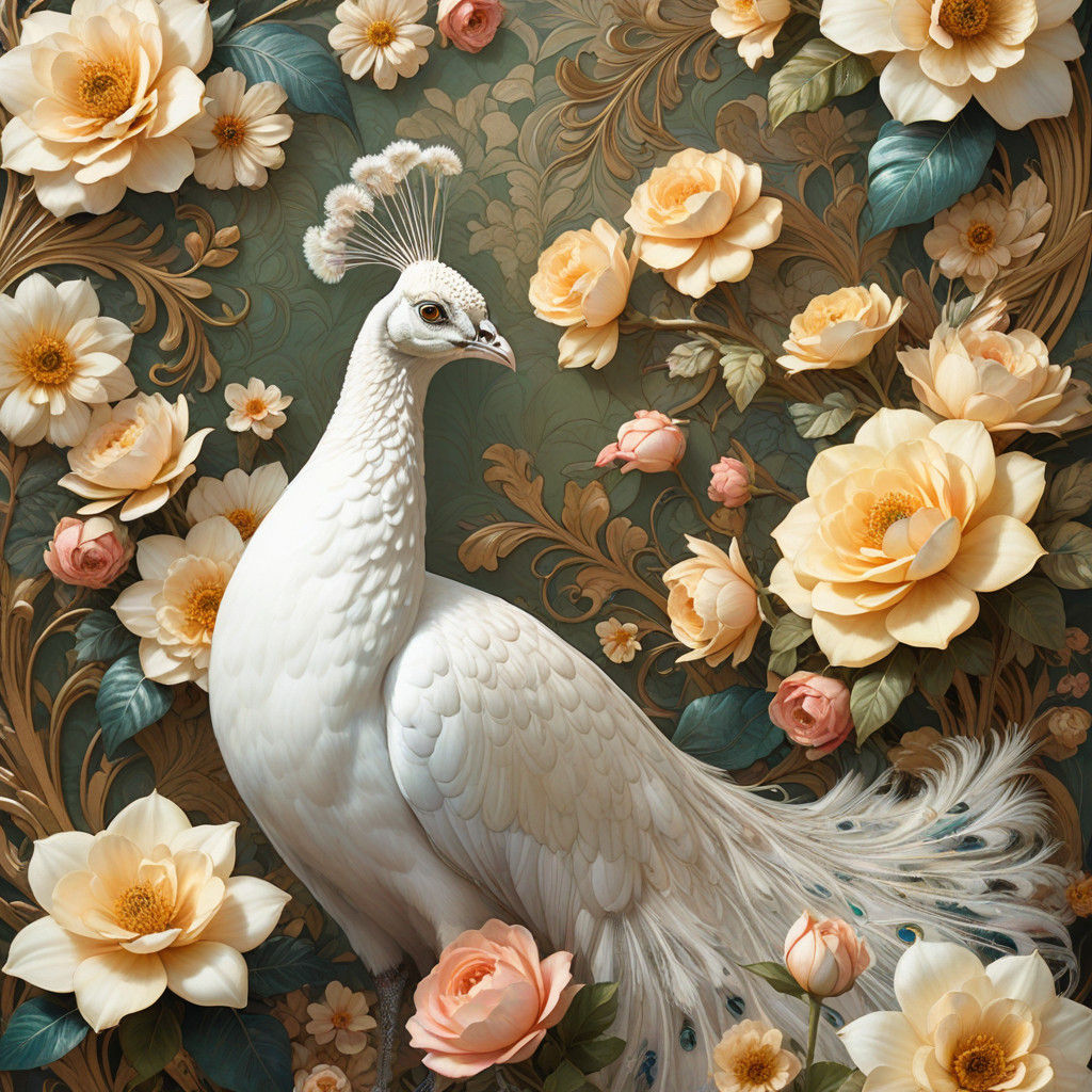 Elegant White Peacock Embodied in Opulent Art Nouveau Splend...