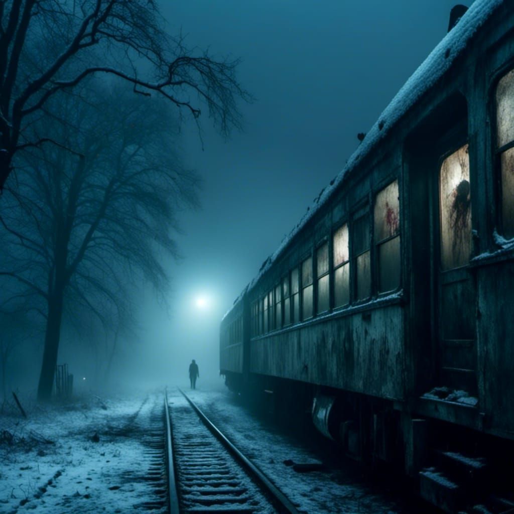 Zombie Horde in Fog at Abandoned Train Station