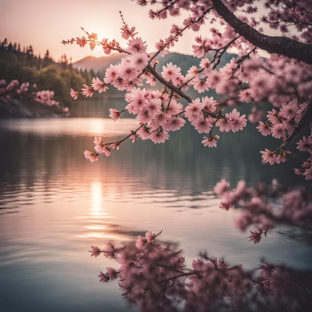 Cherry Blossom Sunset Over Calm Lake