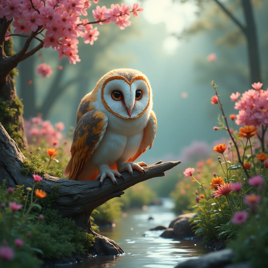 Majestic Barn Owl in Surreal Floral Landscape