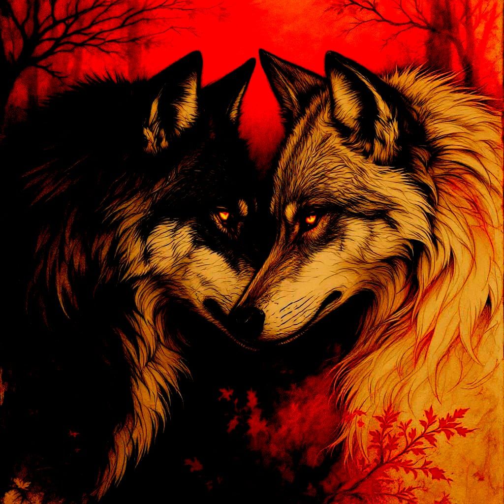 Red Wolves in Vintage Charcoal Sketch