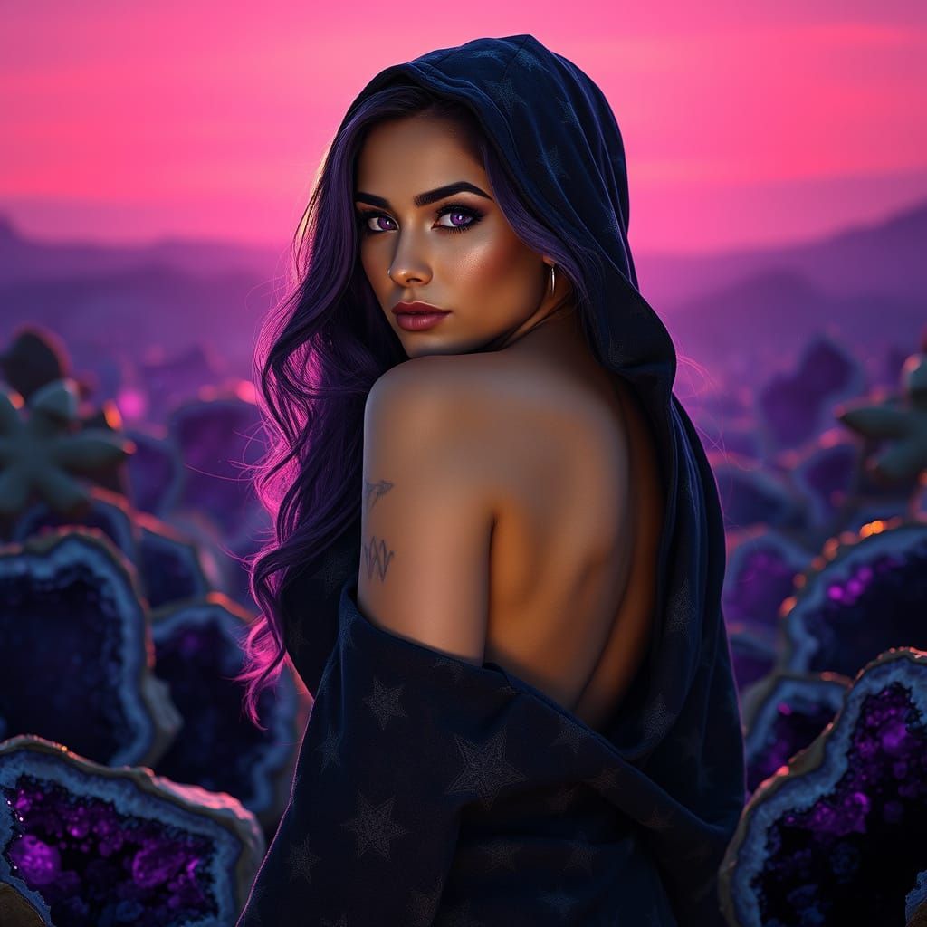 Ethereal Purple Sunrise in an Amethyst Geode Landscape