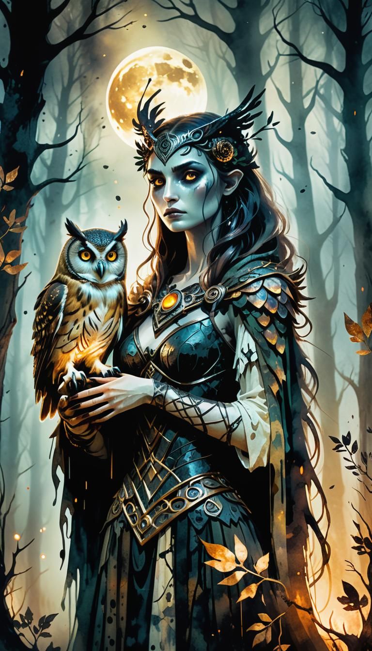 Enchantress and Owl in Dark Fantasy Forest