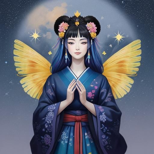 Geishas with Fiery Faces in Surreal Landscape