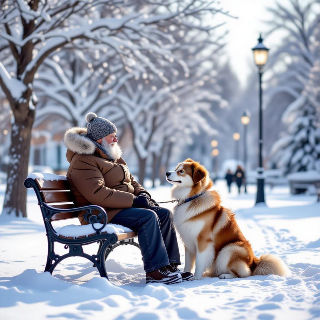 Winter Park Scene with Man, Dog and Snow