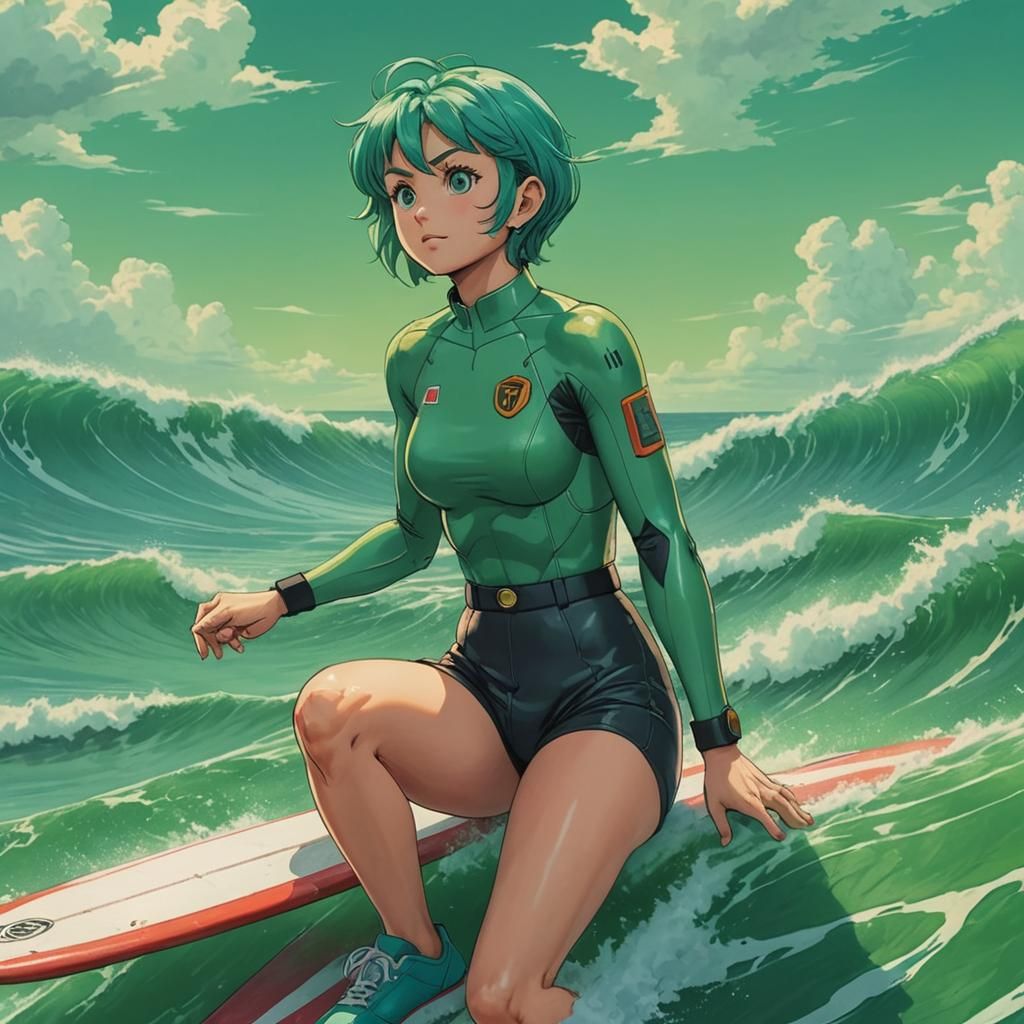 Bulma Surfing a Green Sea: Cel-Shaded Anime Style