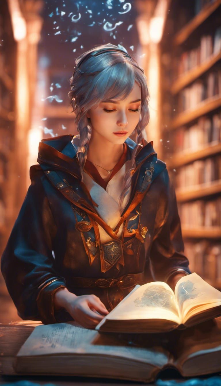 Girl with Magical Runic Book in Anime Style