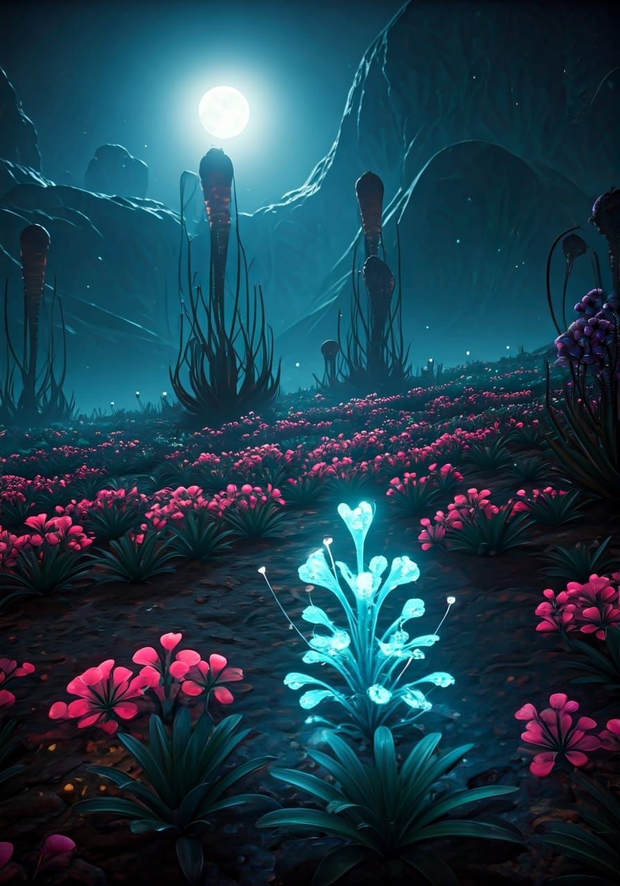 Bioluminescent Flower in Alien Landscape, Matte Painting