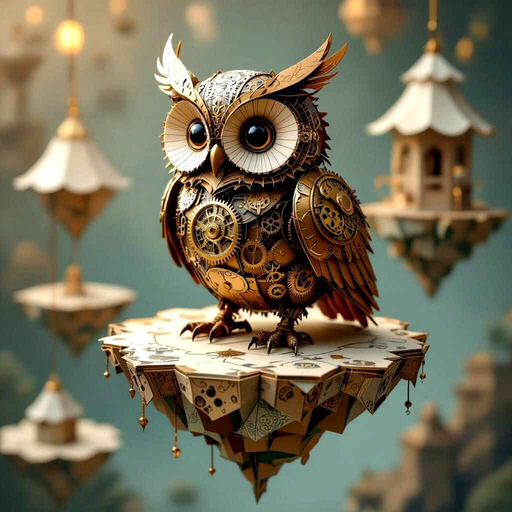 Steampunk Mechanical Owl on Papercraft Floating Island