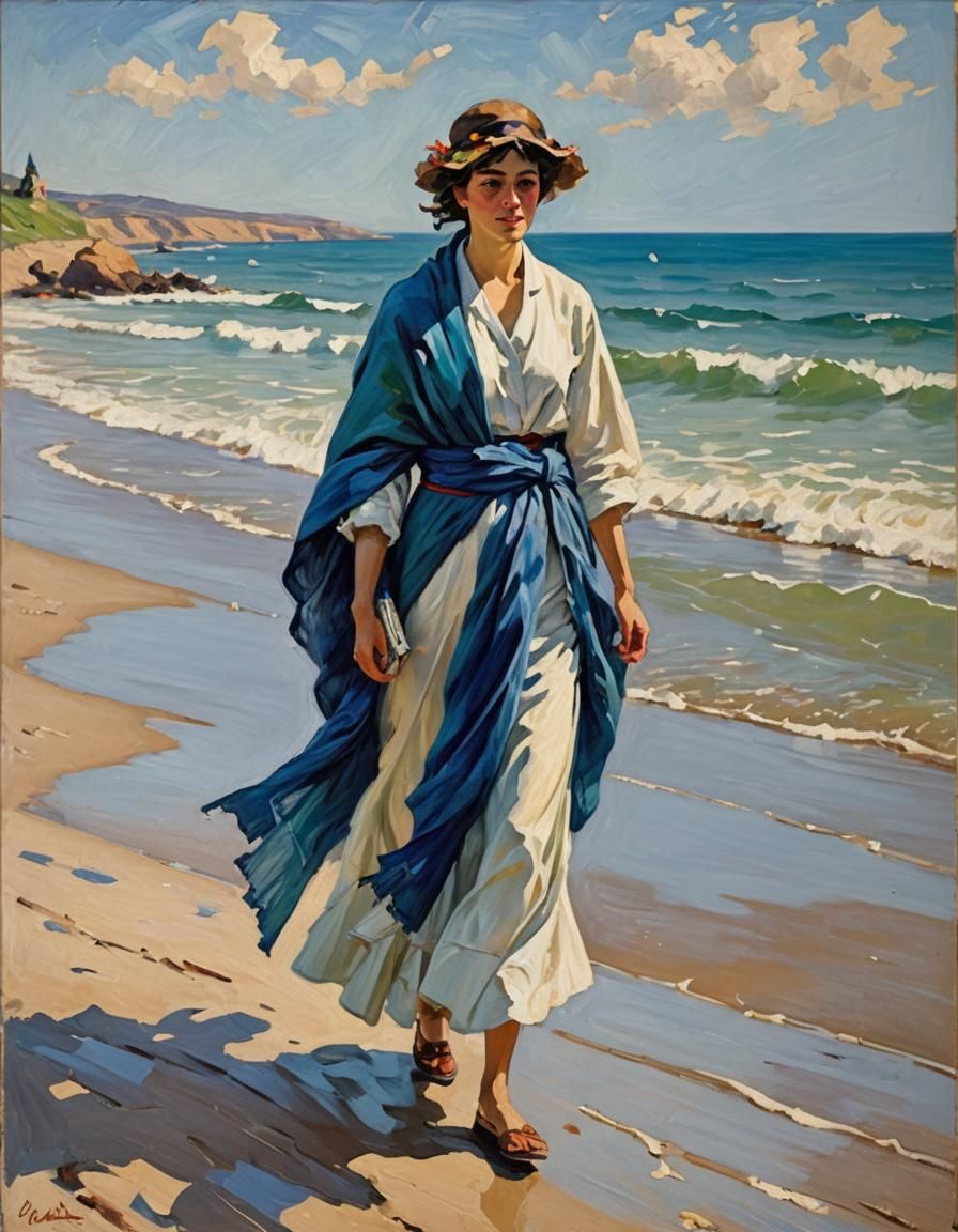 Elegant Lady Strolling by the Coast in Artistic Oil Painting