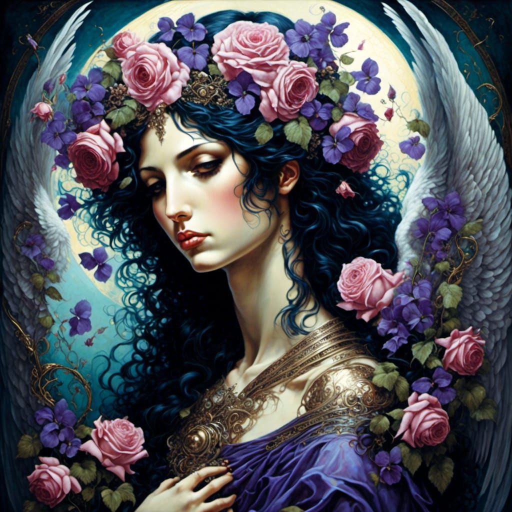 Emo Anime Angel with Violets and Roses