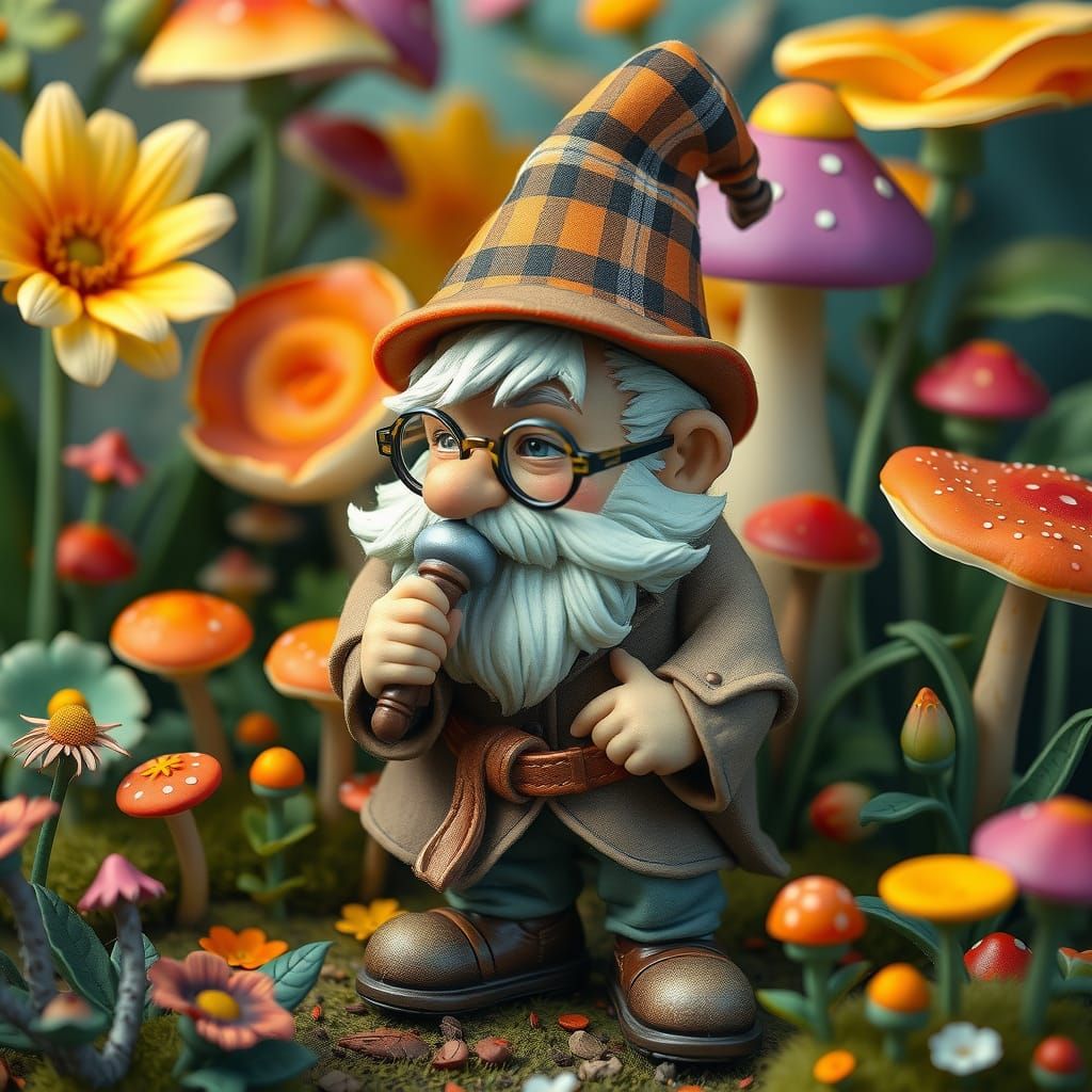 Sherlock Gnome in Whimsical Garden, Watercolor Style