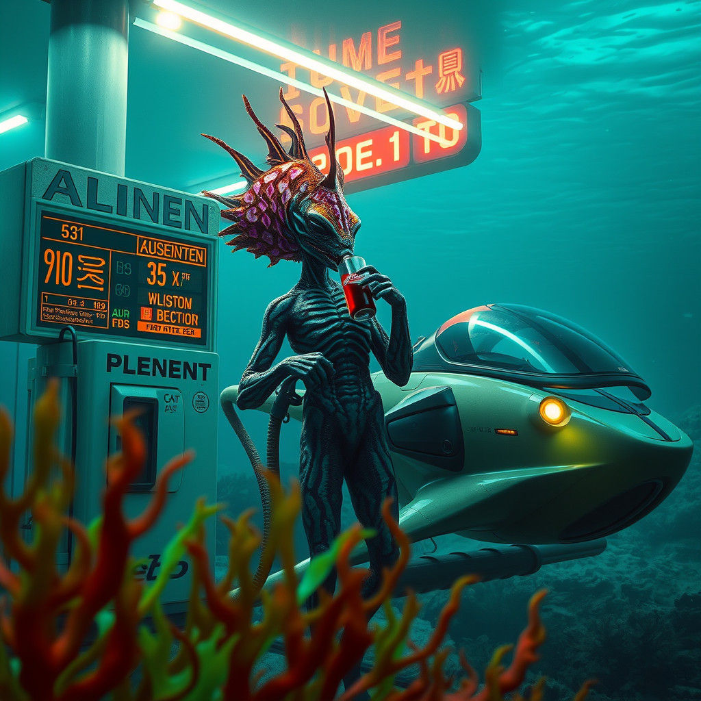 Aquatic Alien Refuels Submersible at Underwater Station