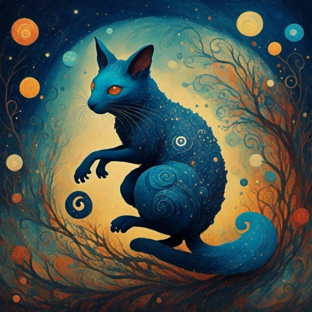 Smoky Fox with Blue Eyes in Starry Night