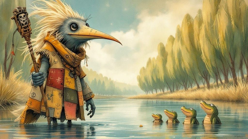 Whimsical Bird Shaman with Patchwork Cloak and Staff