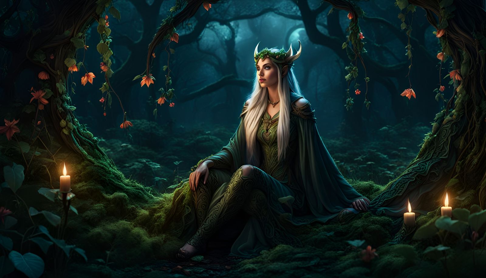 Enchanted Elf Druid in Forest at Night