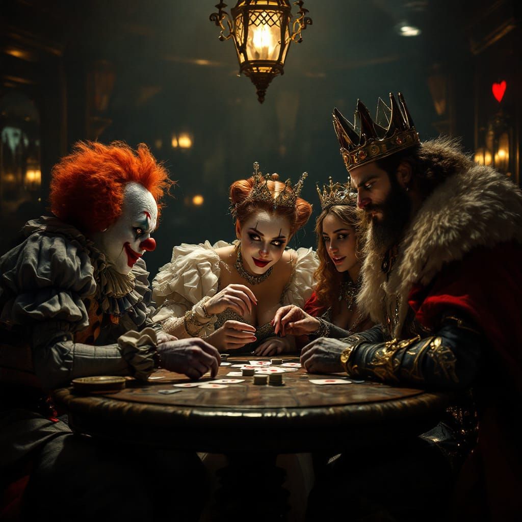 Royalty and Clown Play Cards in Moody Bar