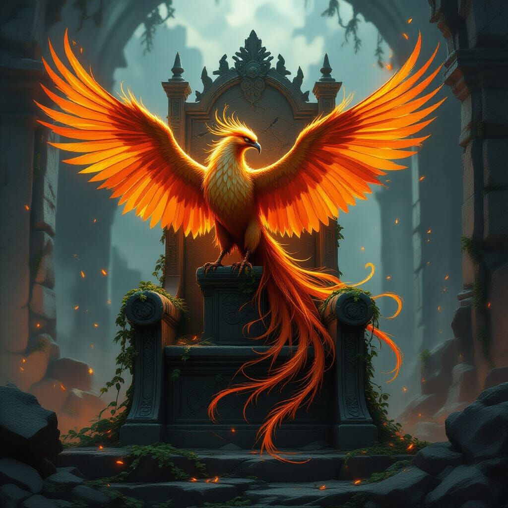 Majestic Phoenix on Ancient Throne in Dark Fantasy Style