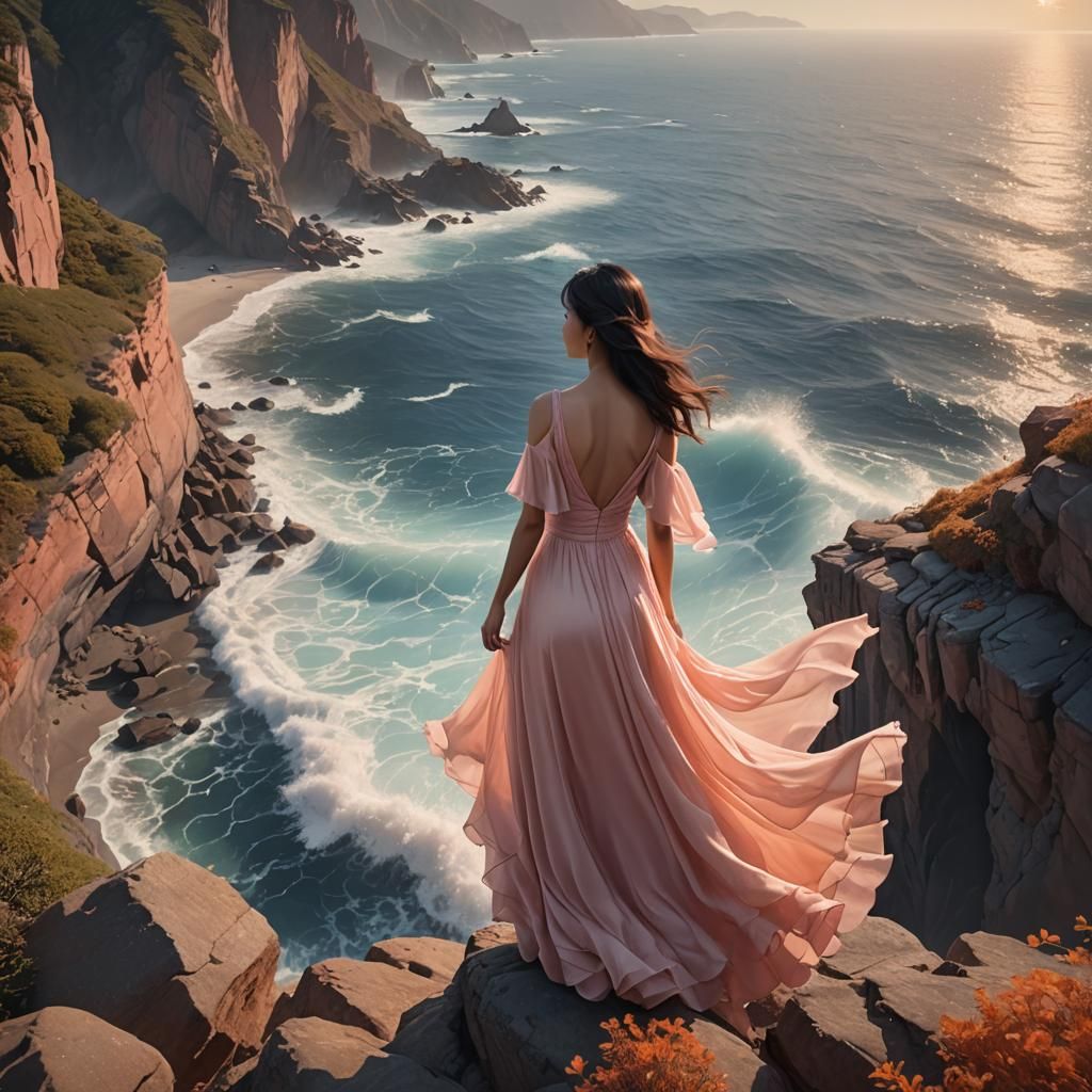 Woman in Flowing Dress at Cliff Edge: Digital Art