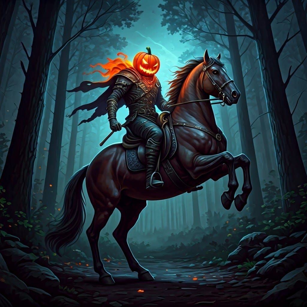Pumpkin Head Horseman in Forest at Night