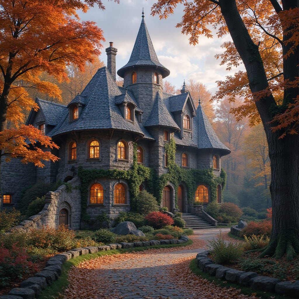 Fantasy Elven Village in Autumn Maple Forest