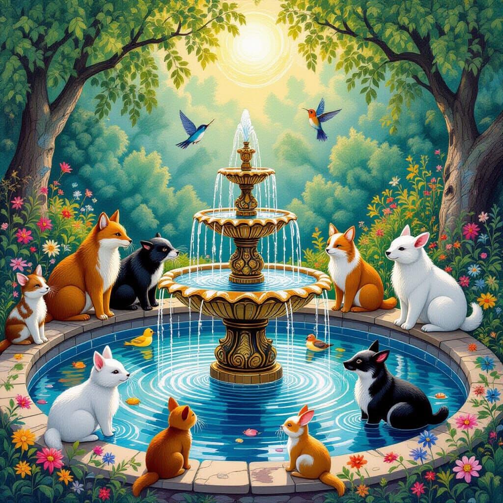 Animals at Fountain, Dreamlike Illustration