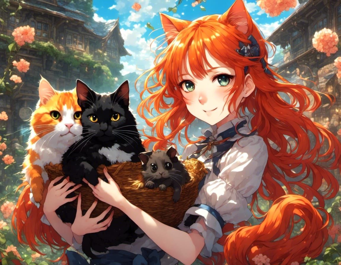 girl with cats and a guinea pig