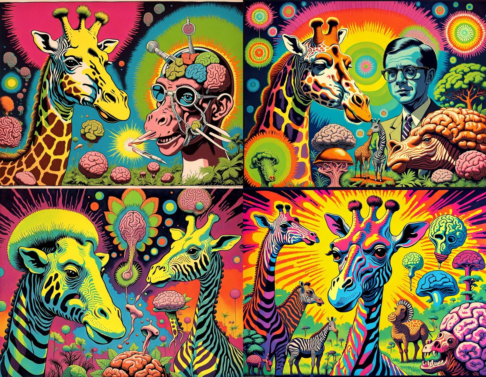 Vibrant 1960s Psychedelic Art of Fantastical Creatures in Lo...