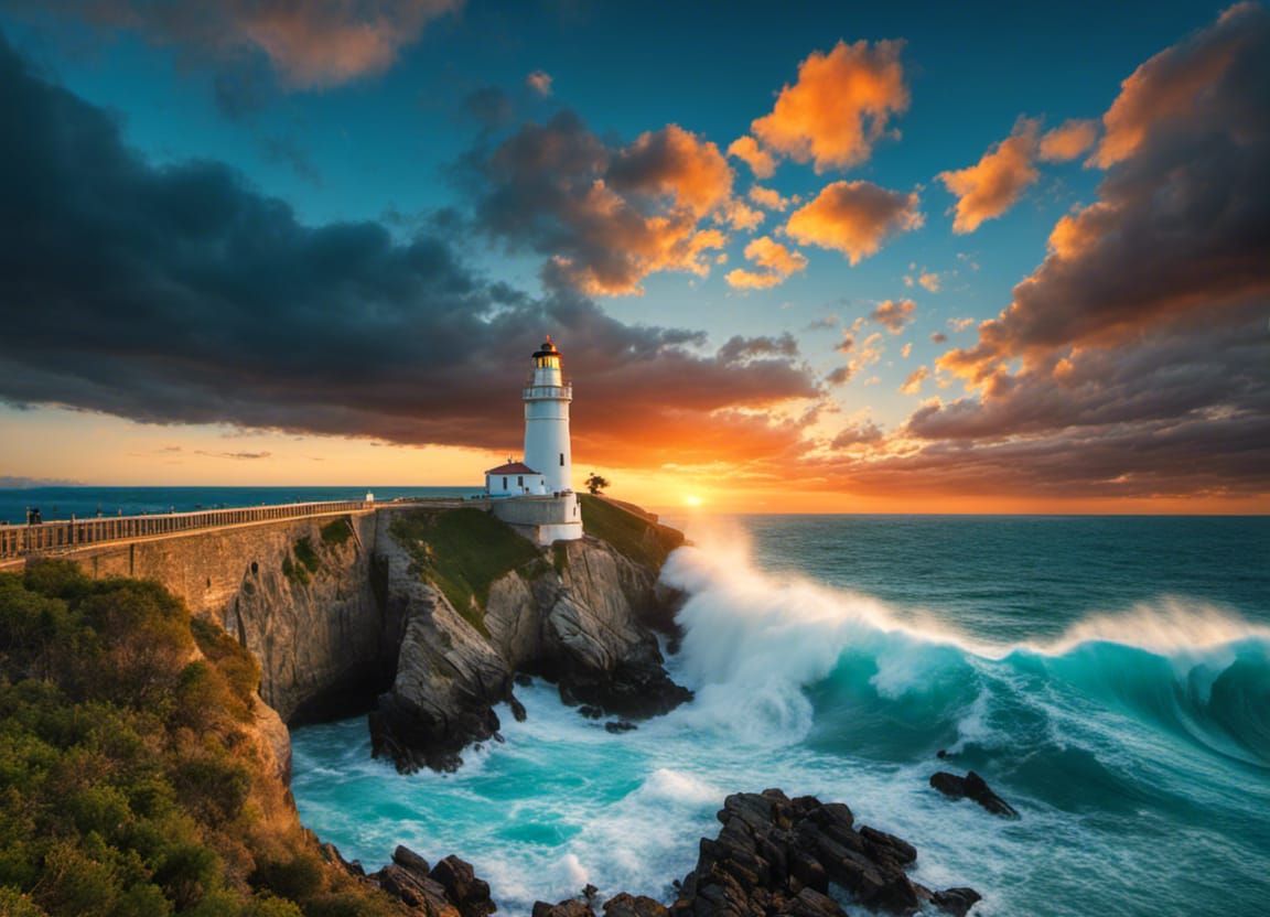 Magnificent Seascape: Lighthouse, Sunset, Crashing Waves