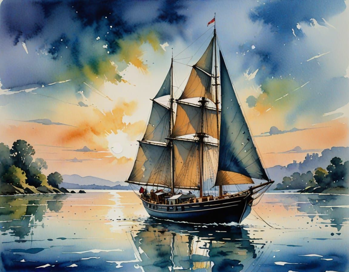 Whimsical Sailing Boat in Monet-Inspired Watercolor