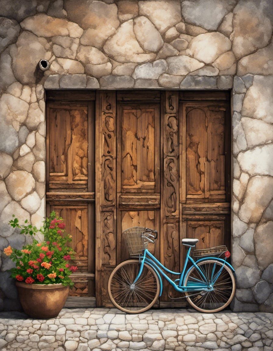 Rustic Door and Bicycle on White Background