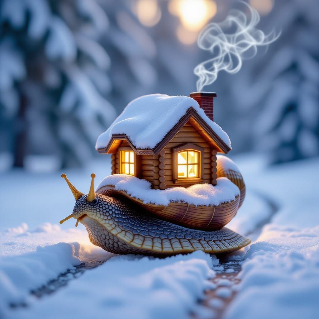 Crystal House Snail on Snowy Path, Dreamlike Concept Art