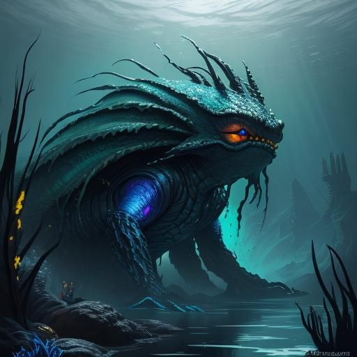 Mutated Gremlin Swims in Murky Water: Dark Fantasy Art