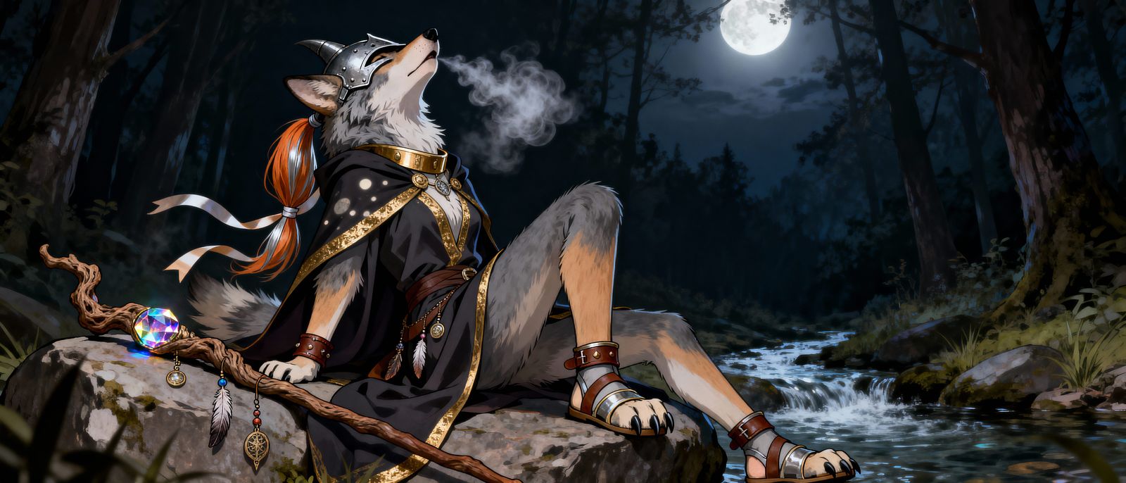 Furry Wolf Witch in Moonlit Forest