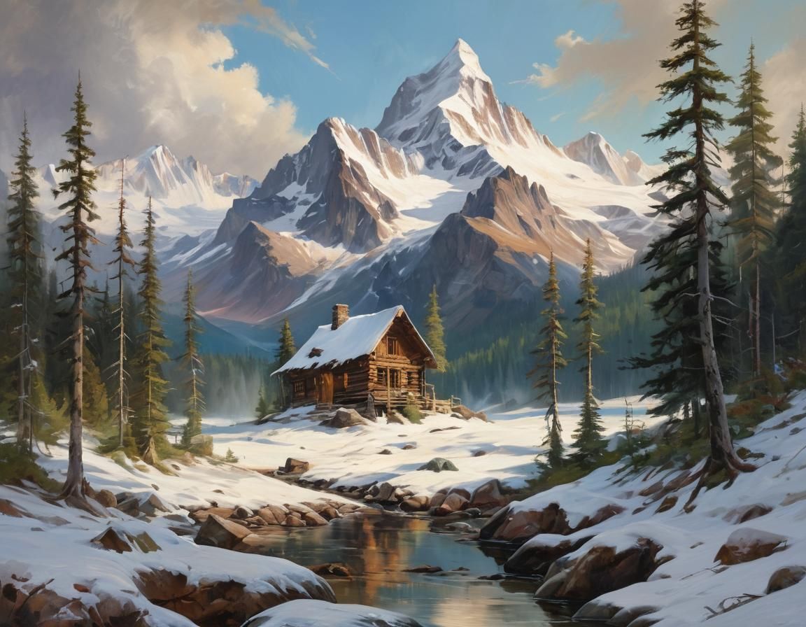 Majestic Mountain Landscape Oil Painting With Cabin