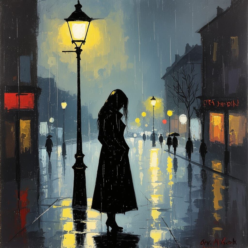 Melancholic Woman in Rain, Expressive Abstract Style