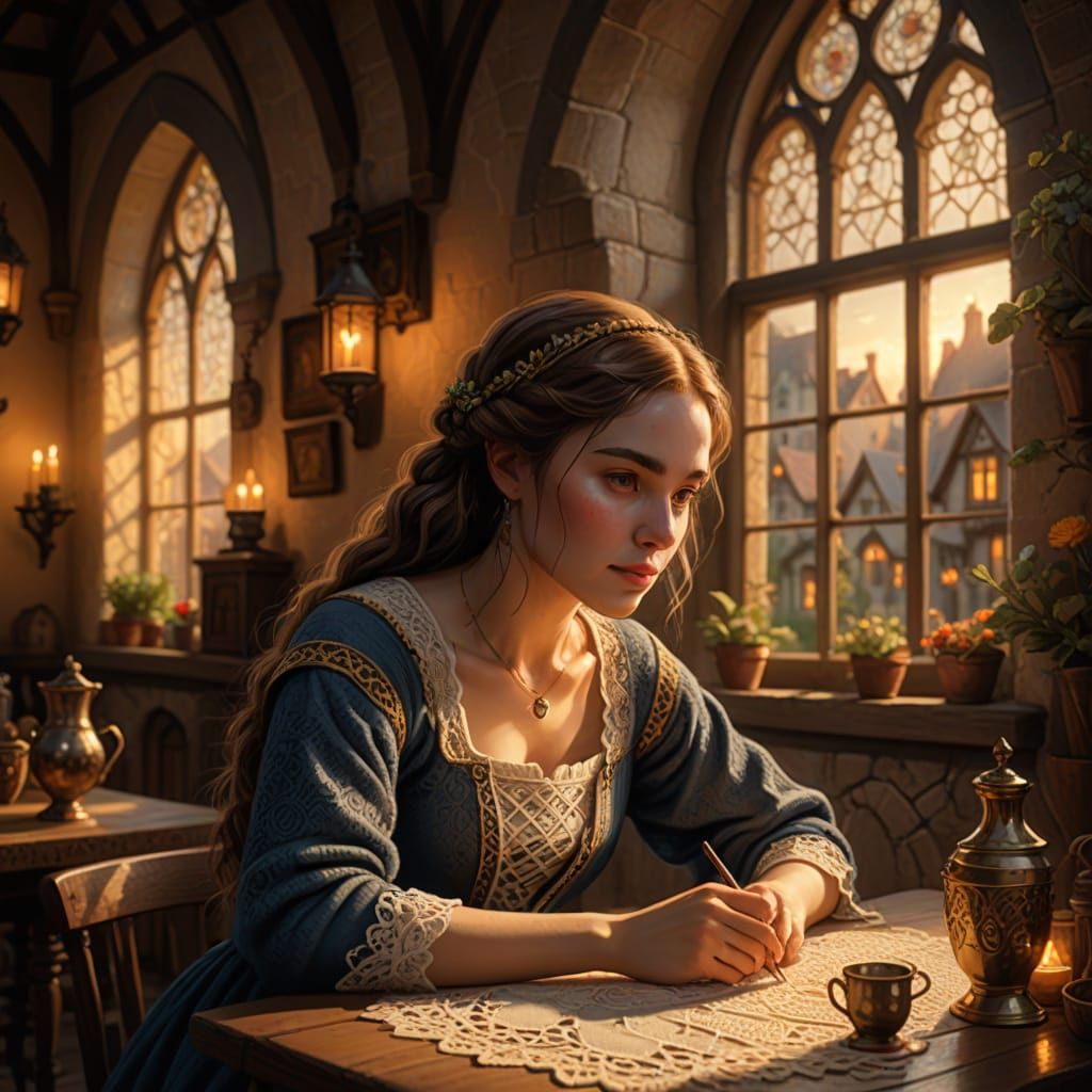 Beautiful Woman in Cozy Medieval Room with Crocheted Window