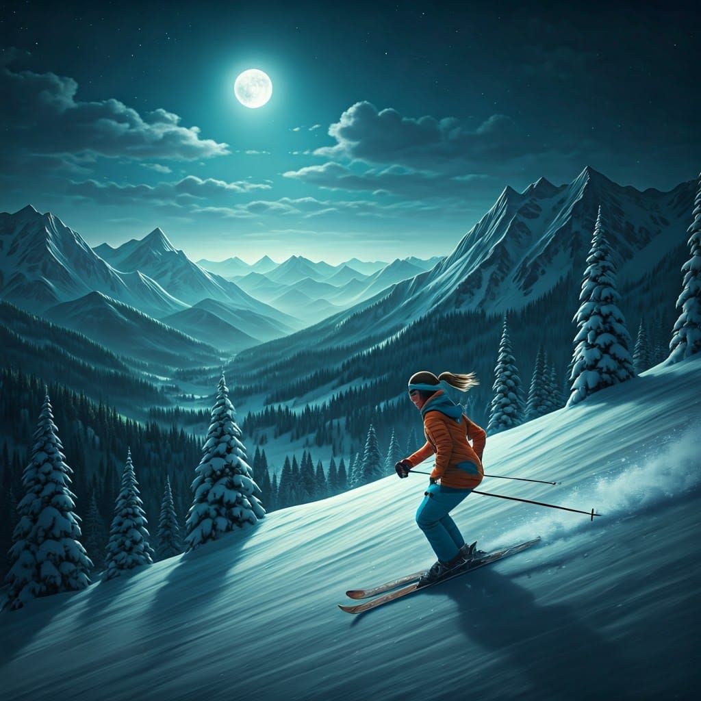 Athletic Woman Skier Under Ethereal Moonlight