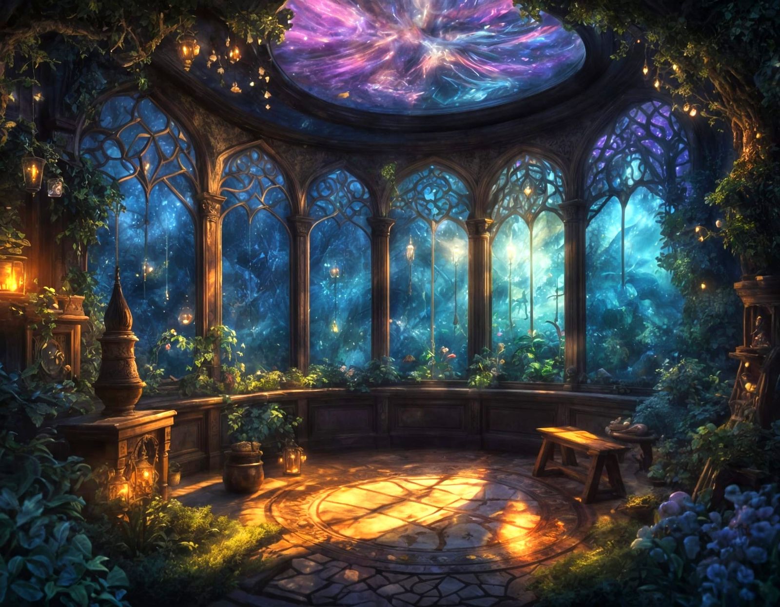 Cozy Wizard's Potion Room with Ethereal Fantasy Scene