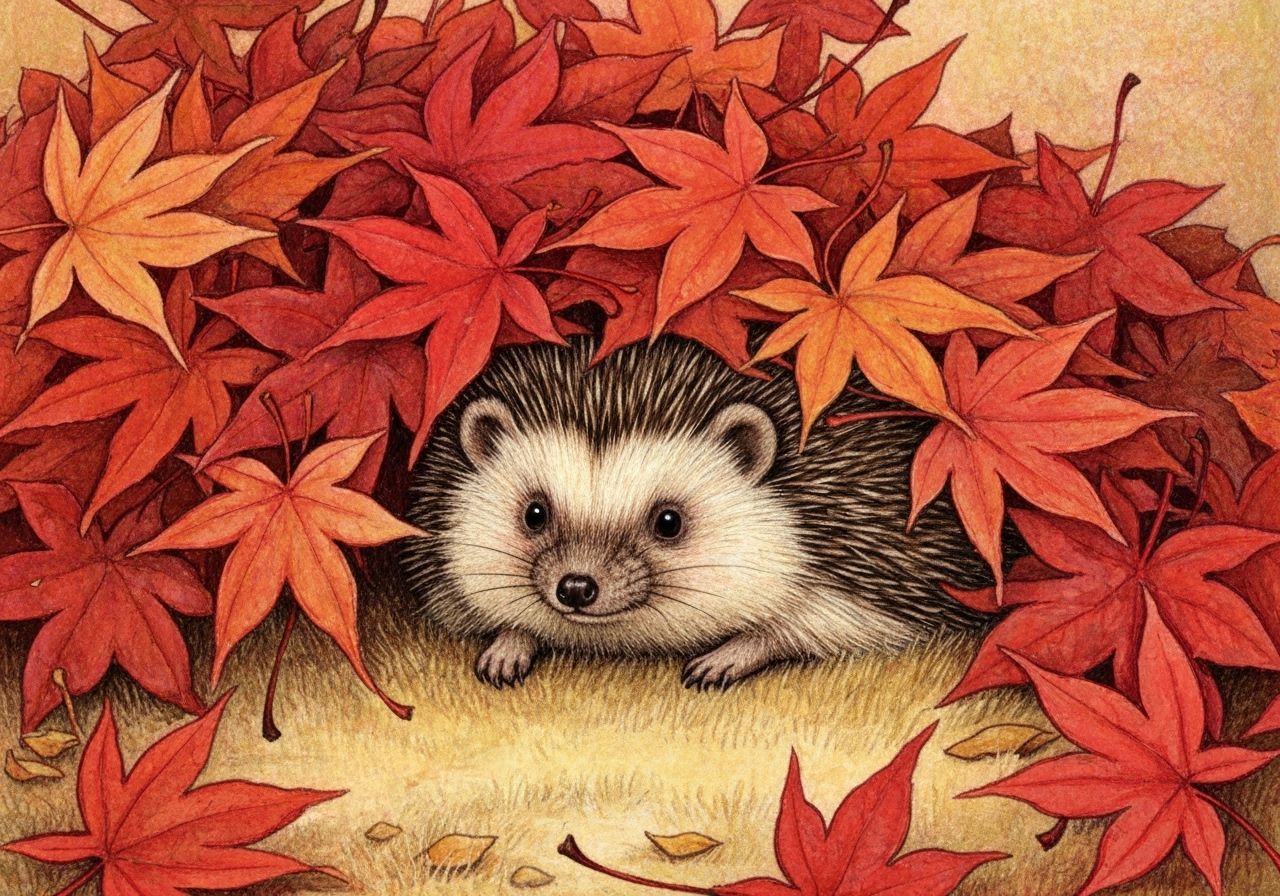 Cute Hedgehog Peeking From Autumn Leaves Illustration