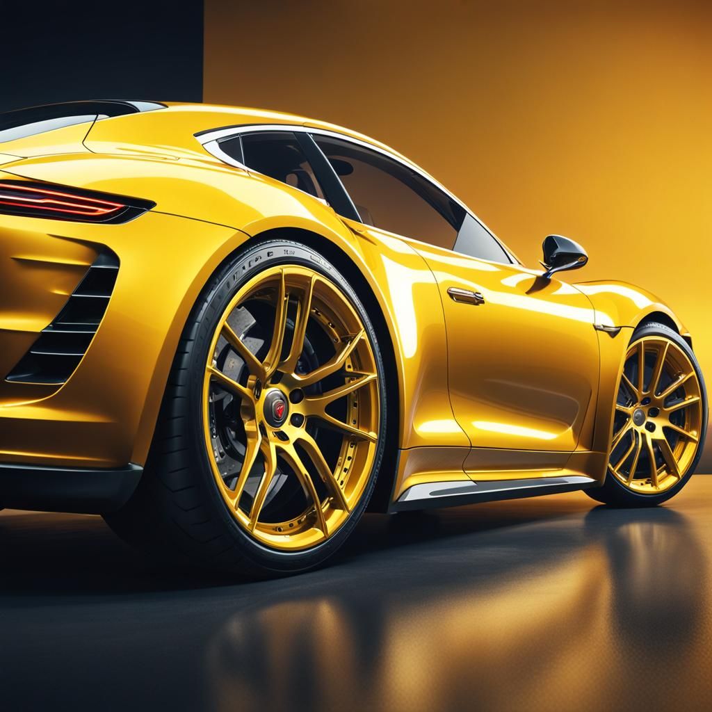 Chrome Yellow Porsche Tesla Sports Car: Photorealistic Studi...