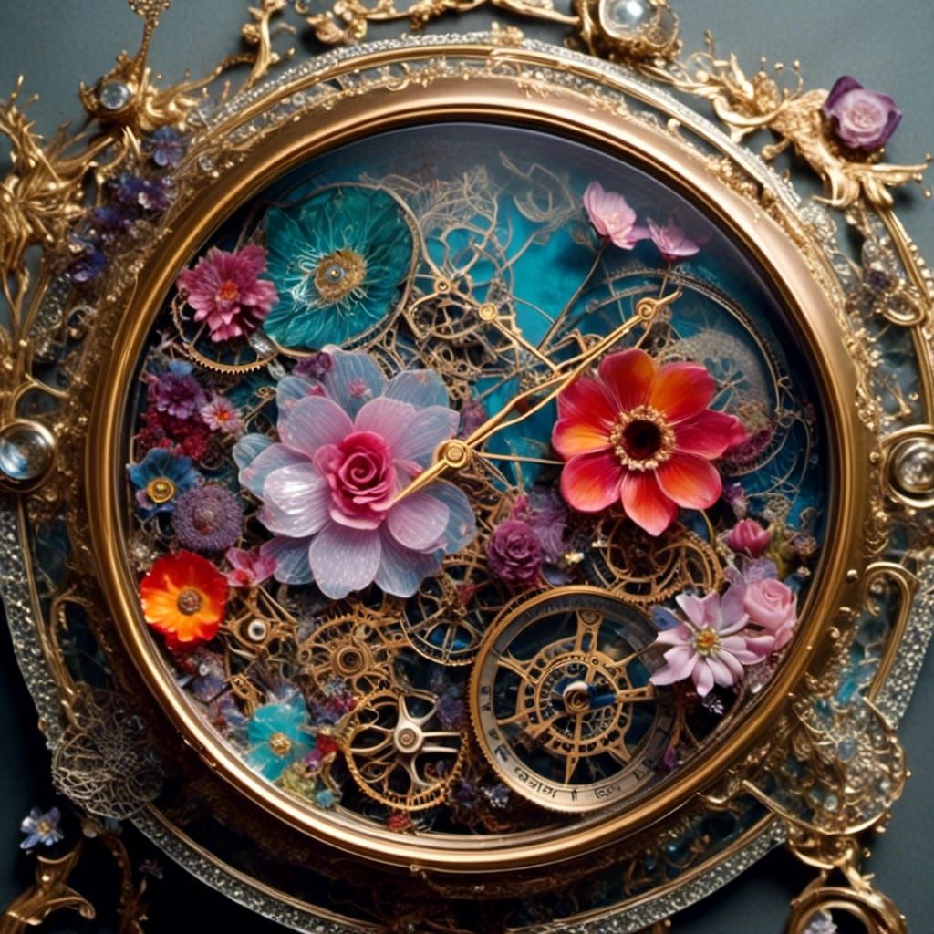 Steampunk Timepiece: Intricate Glass and Floral Art